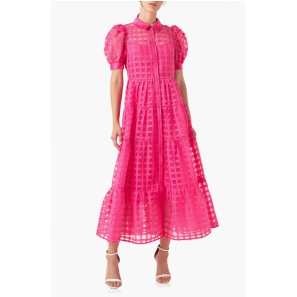 English Factory Dress Fuchsia Pink Organza Tiered Puff Sleeve Dress SZ S NEW